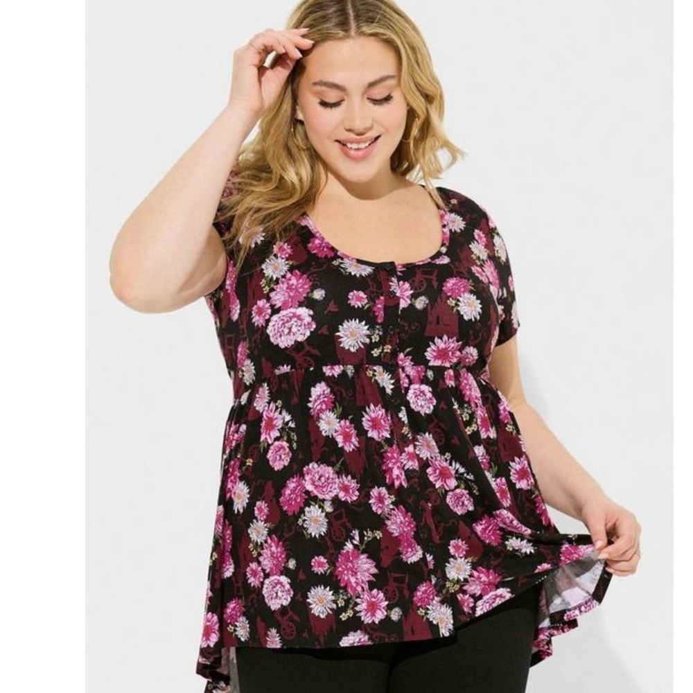 Torrid‎ Disney Sleeping Beauty Floral Babydoll Tunic Top Black Pink- Size L